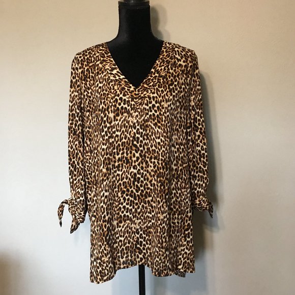Worthington Tops - Leopard Print V-Neck Tie-Sleeve Women's Top - Brown